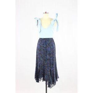 Vintage 00's CHICO'S Black Blue Paisley Silk Georgette Ruffle Midi Skirt, Size S